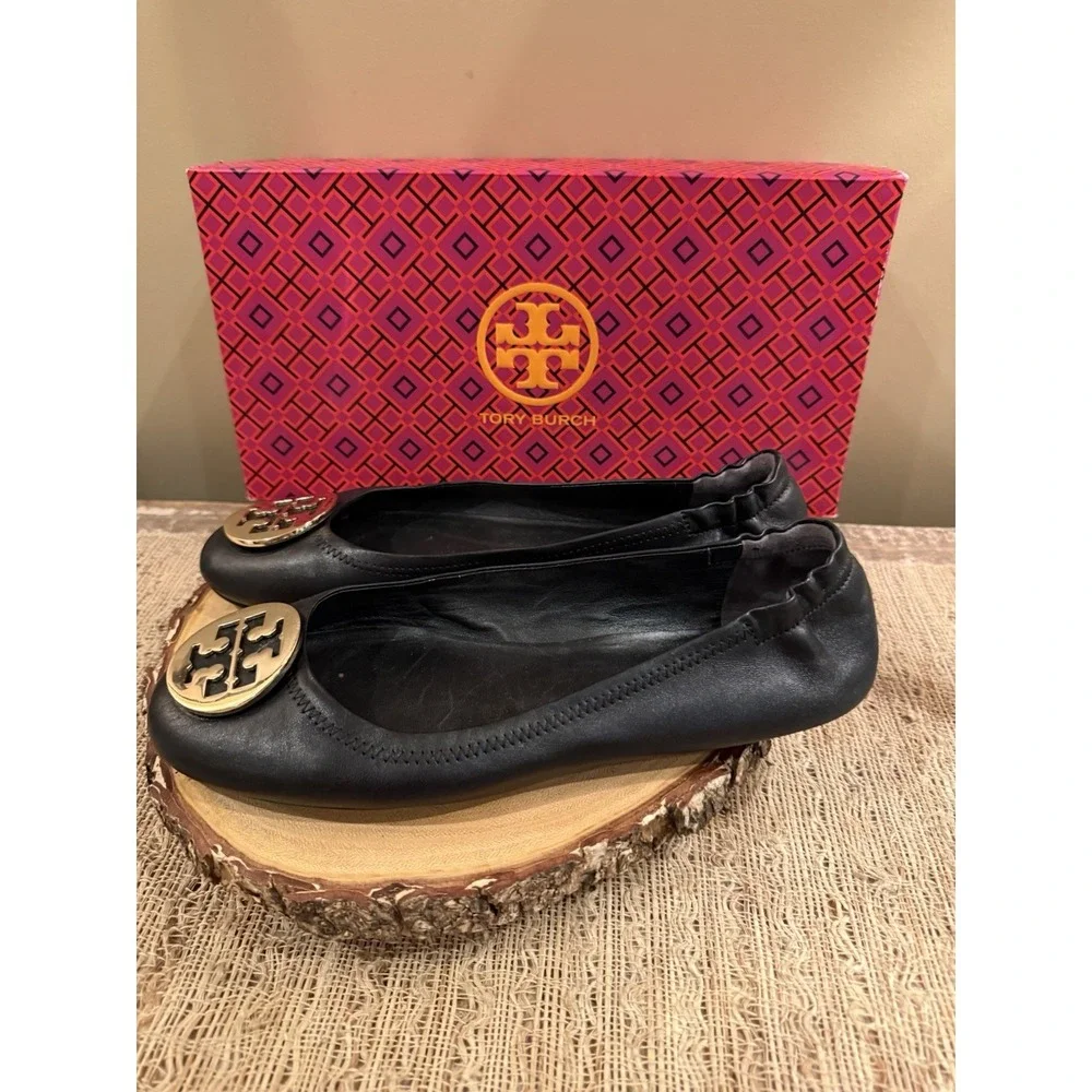 Tory Burch Minnie Travel Ballet Flats Black Leather Gold Logo Sz-10M